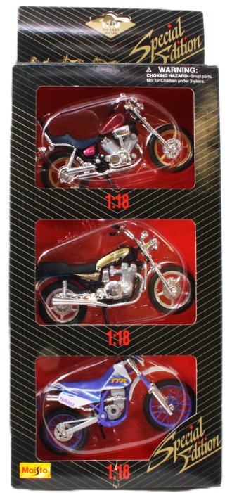 1:18 Special Edition Motorcycle Three Pack w/Yamaha Virage, Suzuki GSX750 & Yamaha TT-R250