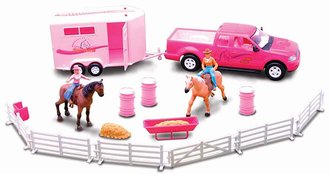 Pink Riding Academy Deluxe Set w/Small Horse Trailer, Horses, Riders & Fencing