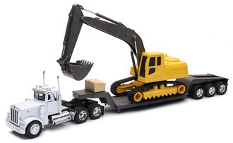 1:32 Peterbilt 379 Lowboy w/Excavator (White/Yellow)