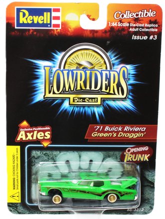 1:64 Lowriders - Positionable Axles - 1971 Buick Riviera "Green Draggin"(Green w/Graphic)