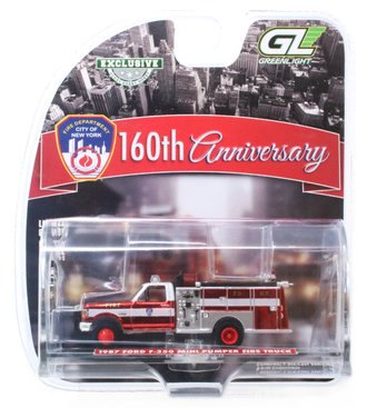 Super Chase 1:64 1987 Ford F-350 Mini Pumper Fire Truck - FDNY - 160th Anniversary Edition ***Red Chrome***