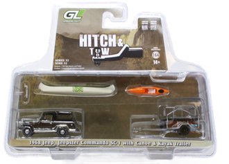 Super Chase 1:64 1968 Jeep Jeepster Commando SC-1 w/Trailer, Canoe & Kayak ***Silver Chrome***