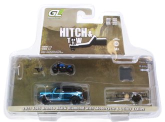 Super Chase 1:64 2021 Ford Bronco Black Diamond w/Utility Trailer & Motorcycle ***Blue Chrome***