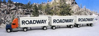 Ford 9000 Day Cab w/Triple Pup Trailers (3) "Roadway" (Orange/Blue/White)