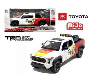 1:24 2024 Toyota Tacoma TRD Off-Road Custom w/Tire Rack (White w/Yellow/Orange/Red) ***Bad Box***
