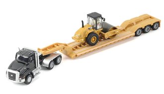 1:87 Caterpillar CT660 Day Cab w/Lowboy Trailer & CAT Roller (Black) ***Broken CAT Roller***