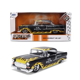1:24 Big Time Muscle - 1955 Chevy Bel Air (Black w/Flames) ***Bad Box***